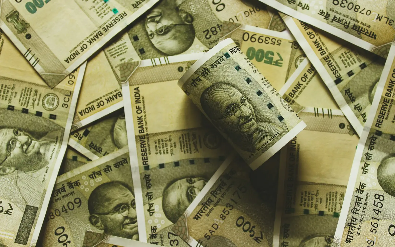 Close-up of Indian rupee banknotes